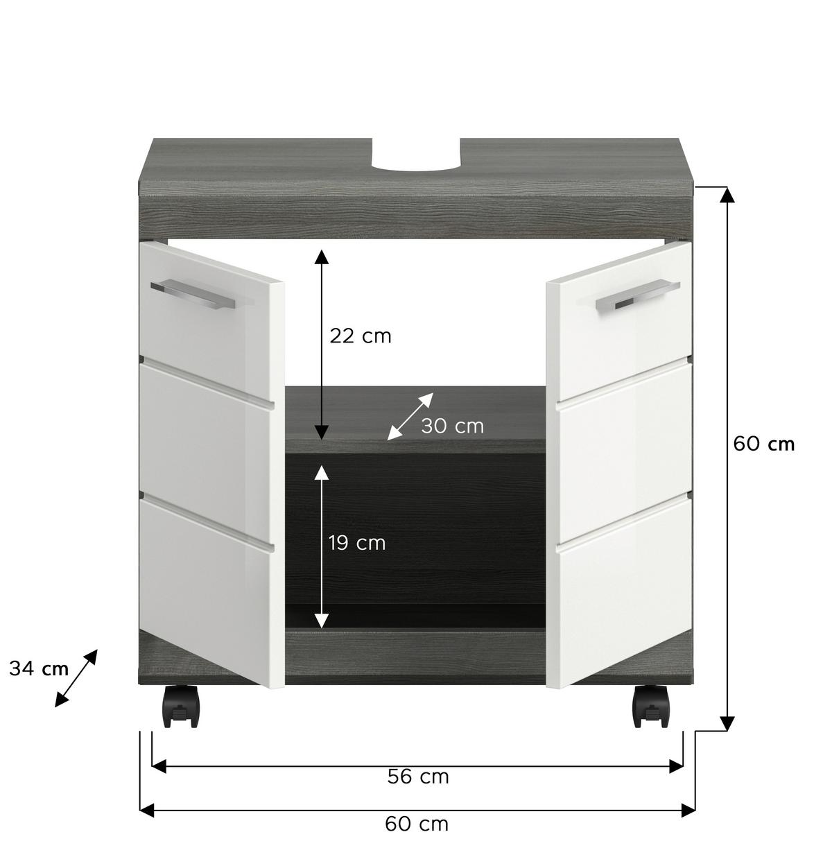 WASCHBECKENUNTERSCHRANK Scout Grau/Weiß HG B: 60cm - Weiß Hochglanz/Schwarz, Trend, Holzwerkstoff (60/60/34cm) - MID.YOU