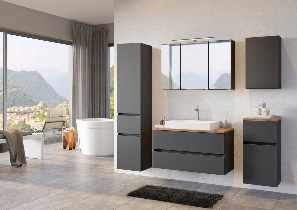 Badmöbel-Set 3-Tlg. inkl. LED Pienza B: 100 cm, Graphitgrau - Eichefarben/Weiß, Basics, Keramik/Holzwerkstoff (100cm) - Held
