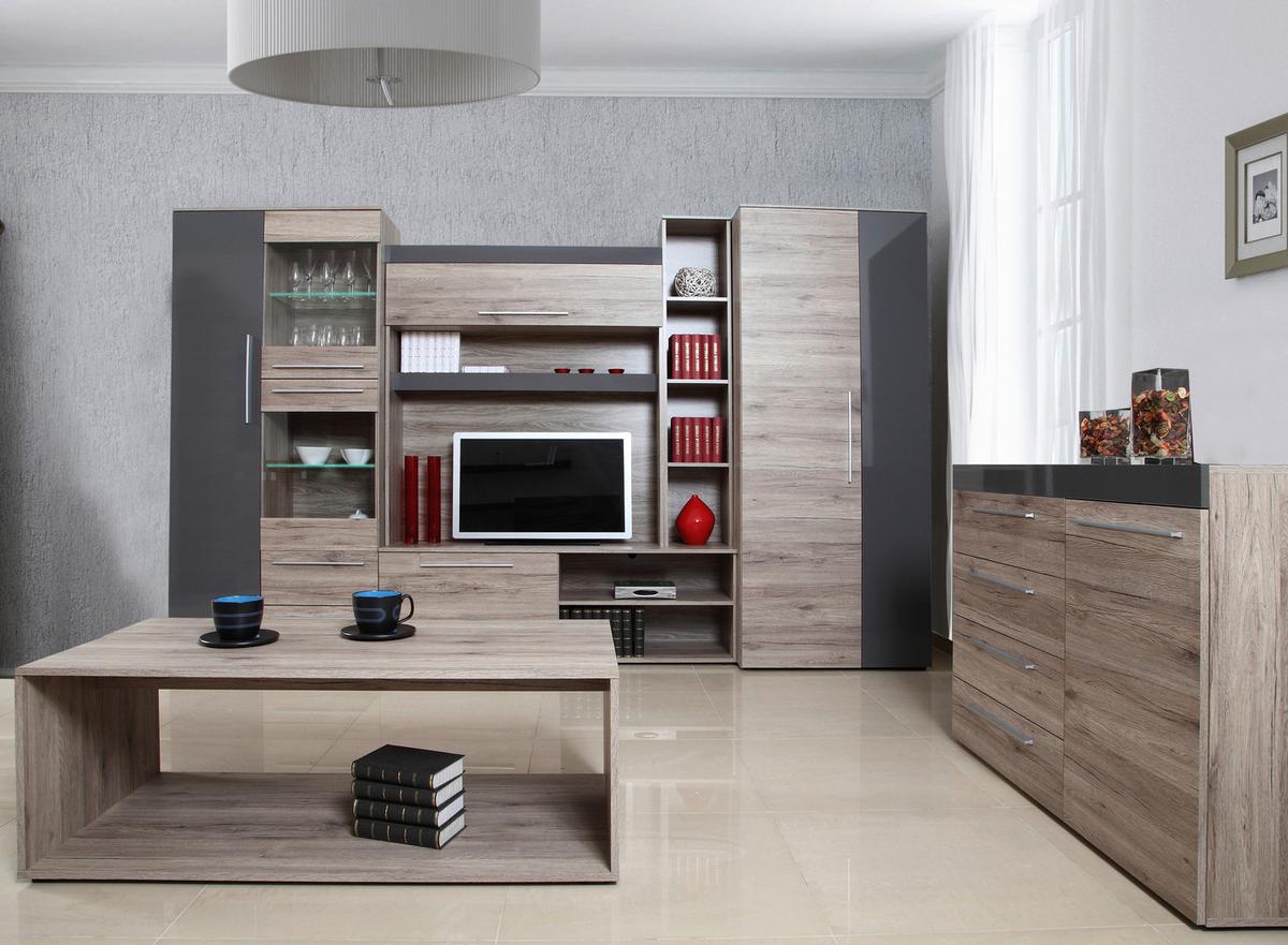 Szekrénysor Royal - grafitszürke/San Remo tölgy, Modern, faalapú anyag/Üveg (320/200/52cm)