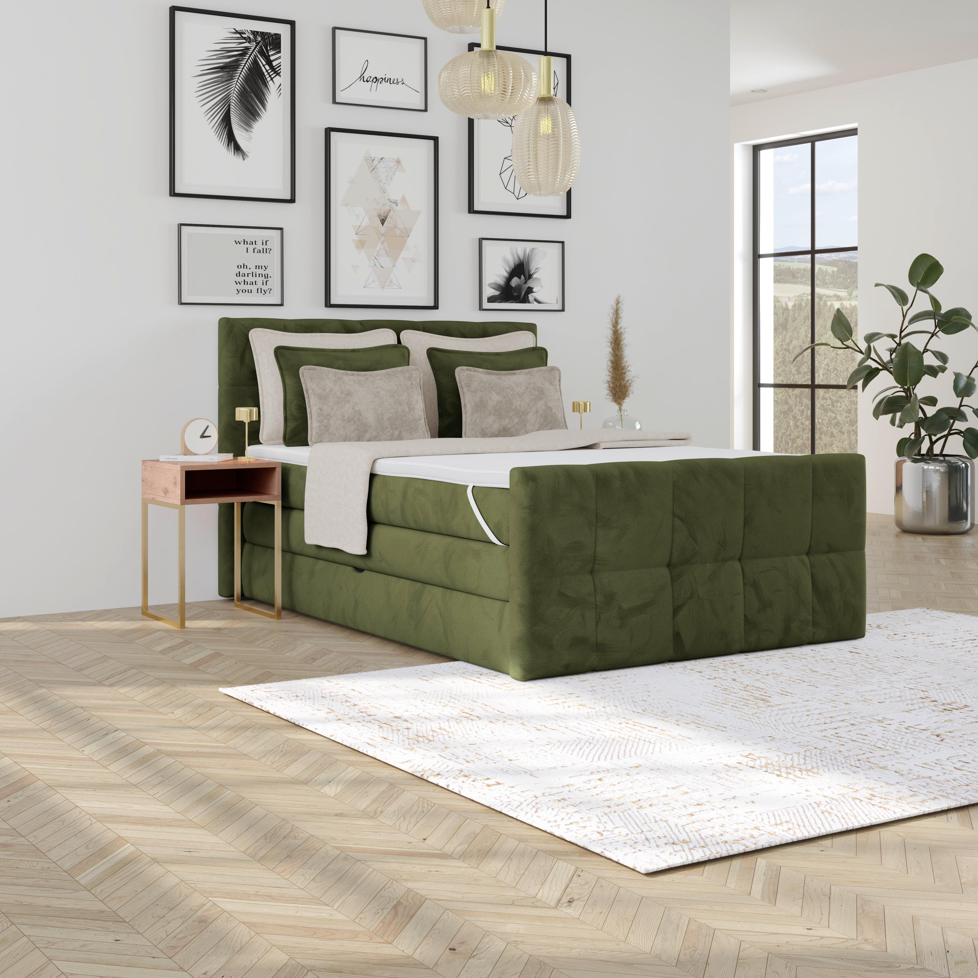 Boxspringbett mit Topper und Bettkasten 140x200 cm Medino - Dunkelgrün, KONVENTIONELL, Holz/Holzwerkstoff (140/200cm) - Luca Bessoni