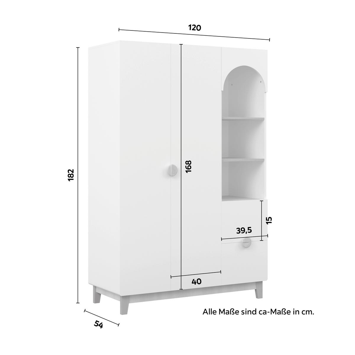Detská šatníková skriňa ENNY biela, drevené nohy - farba buka/biela, Modern, drevo/kompozitné drevo (120/182/54cm) - Bessagi Kids