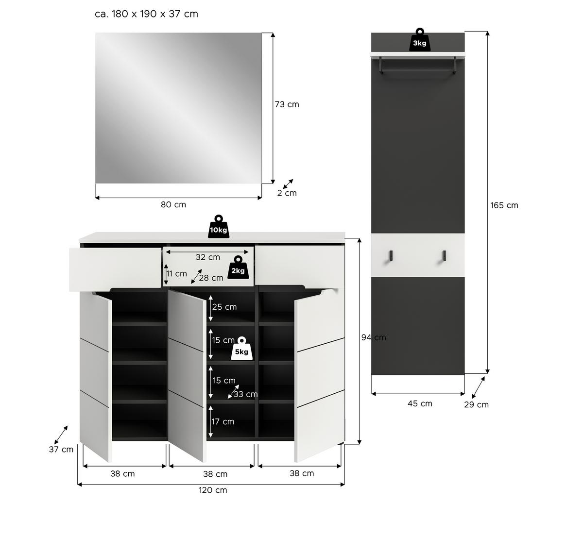 Garderobe Canu 3-Teilig Grau/Weiß B: 180 cm - Weiß/Grau, Design, Holzwerkstoff (180/190/37cm) - Livetastic