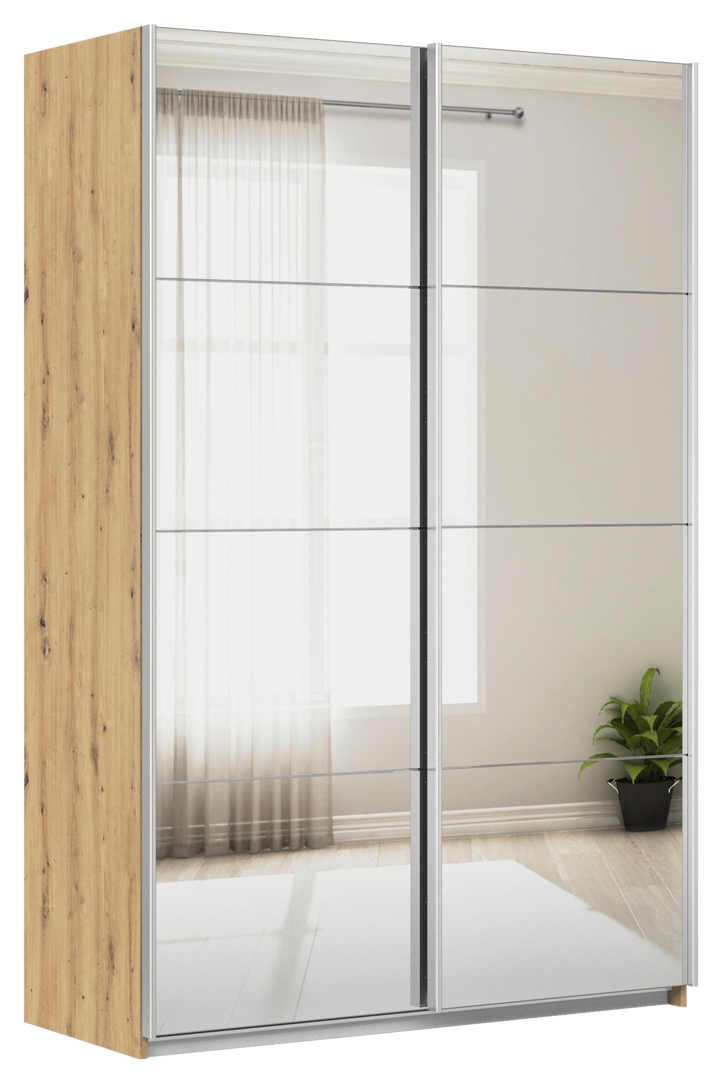 Schwebetürenschrank + Spiegel B: 136cm Feldkirch Eiche Dekor - Silberfarben/Eiche Artisan, MODERN, Holzwerkstoff (136/210/62cm)