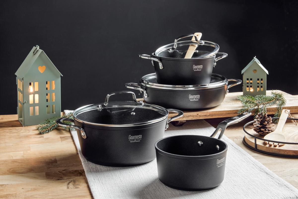Sada hrnců Black Line, 7dílná - černá/barvy stříbra, Konvenční, kov/sklo - Gourmesto