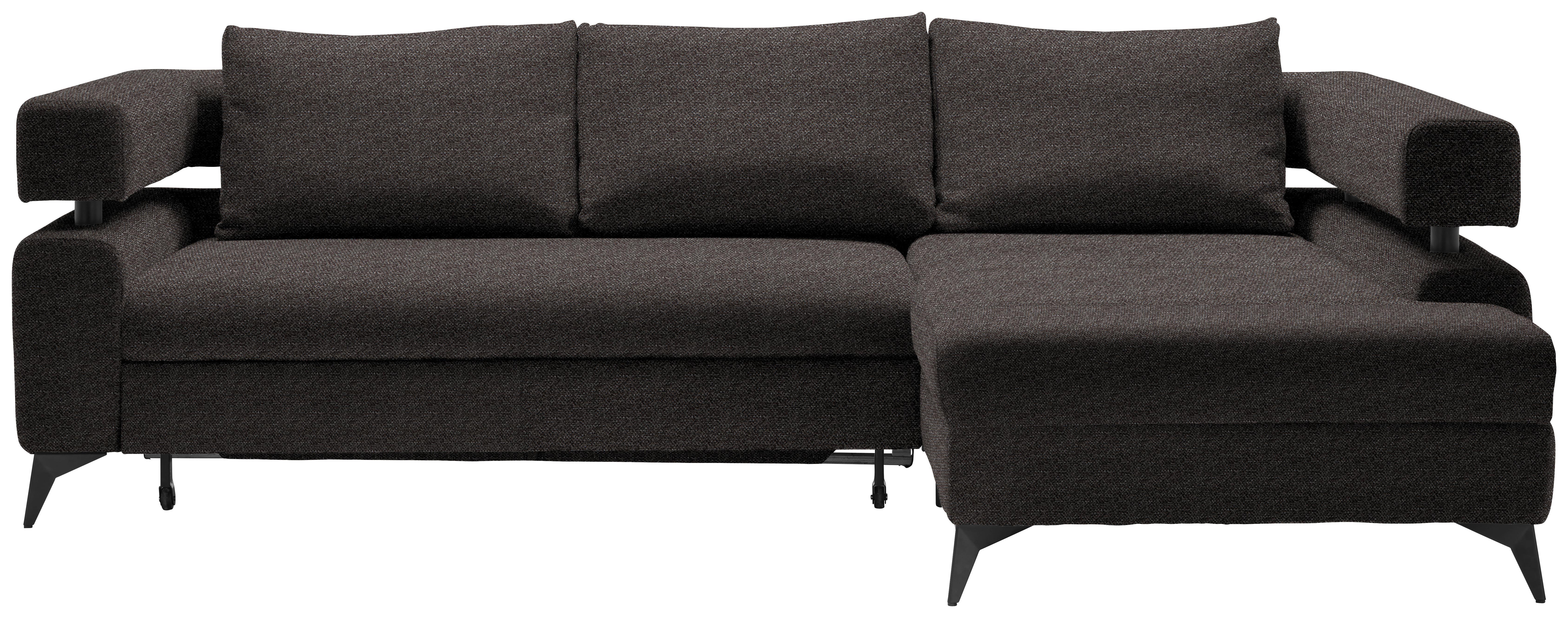 Rohová sedačka ROSALIE, pravá s úložným prostorem a lůžkem - tmavě hnědá/černá, Konvenční, kov/textil (265/184cm)