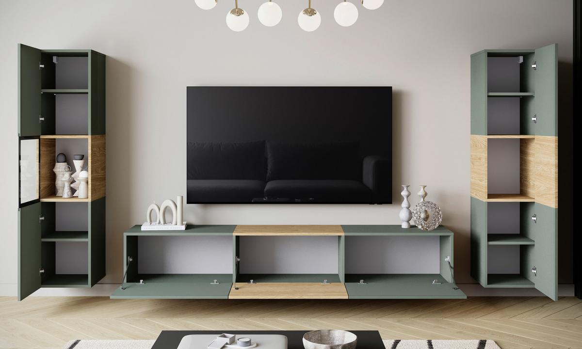 Wohnwand mit LED Berlin III Salbeigrün/Eichefarben - Eichefarben/Salbeigrün, Design, Glas/Holzwerkstoff (240/130/31cm) - P & B