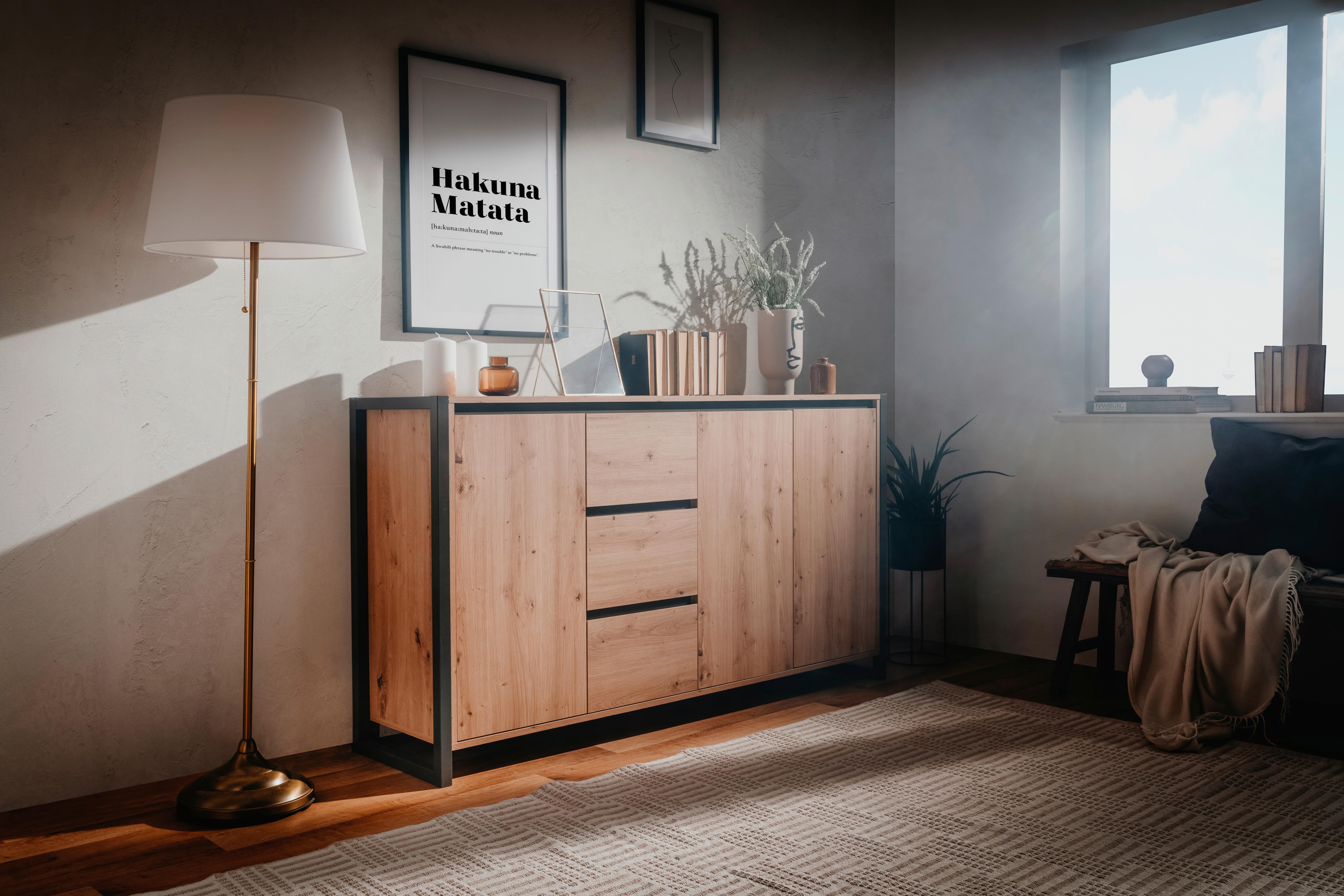 Kommode 160cm Denver 3 Eiche Dekor - Eichefarben/Anthrazit, KONVENTIONELL, Holzwerkstoff (160/88/40cm) - MID.YOU
