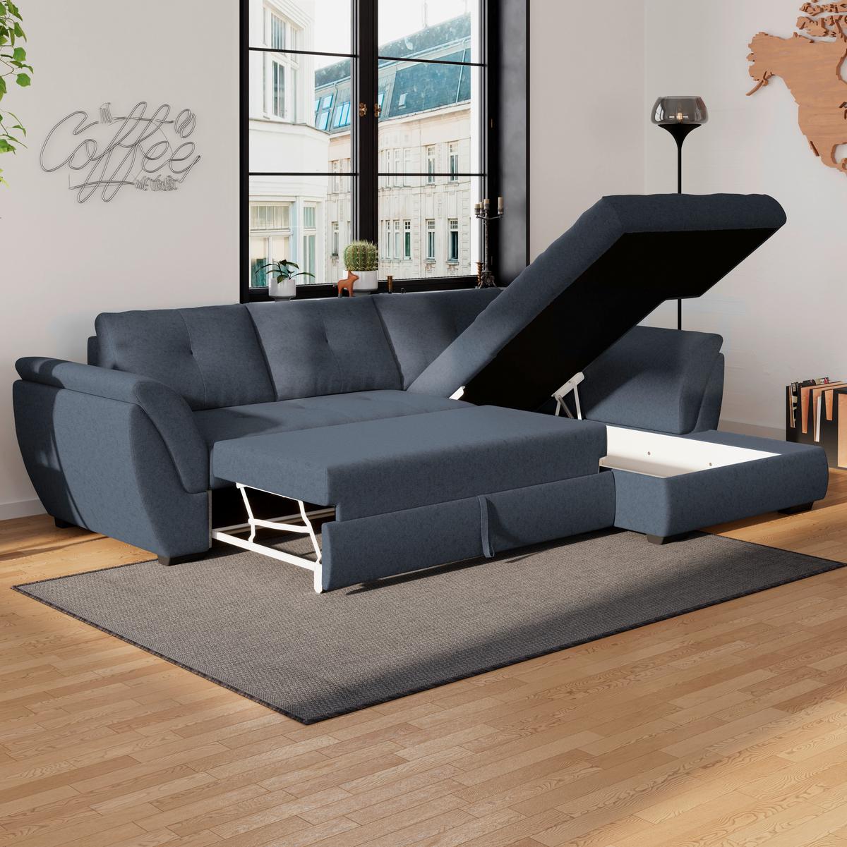 Ecksofa Berisso - Schwarz/Dunkelblau, Design, Textil (278/187cm) - Ondega