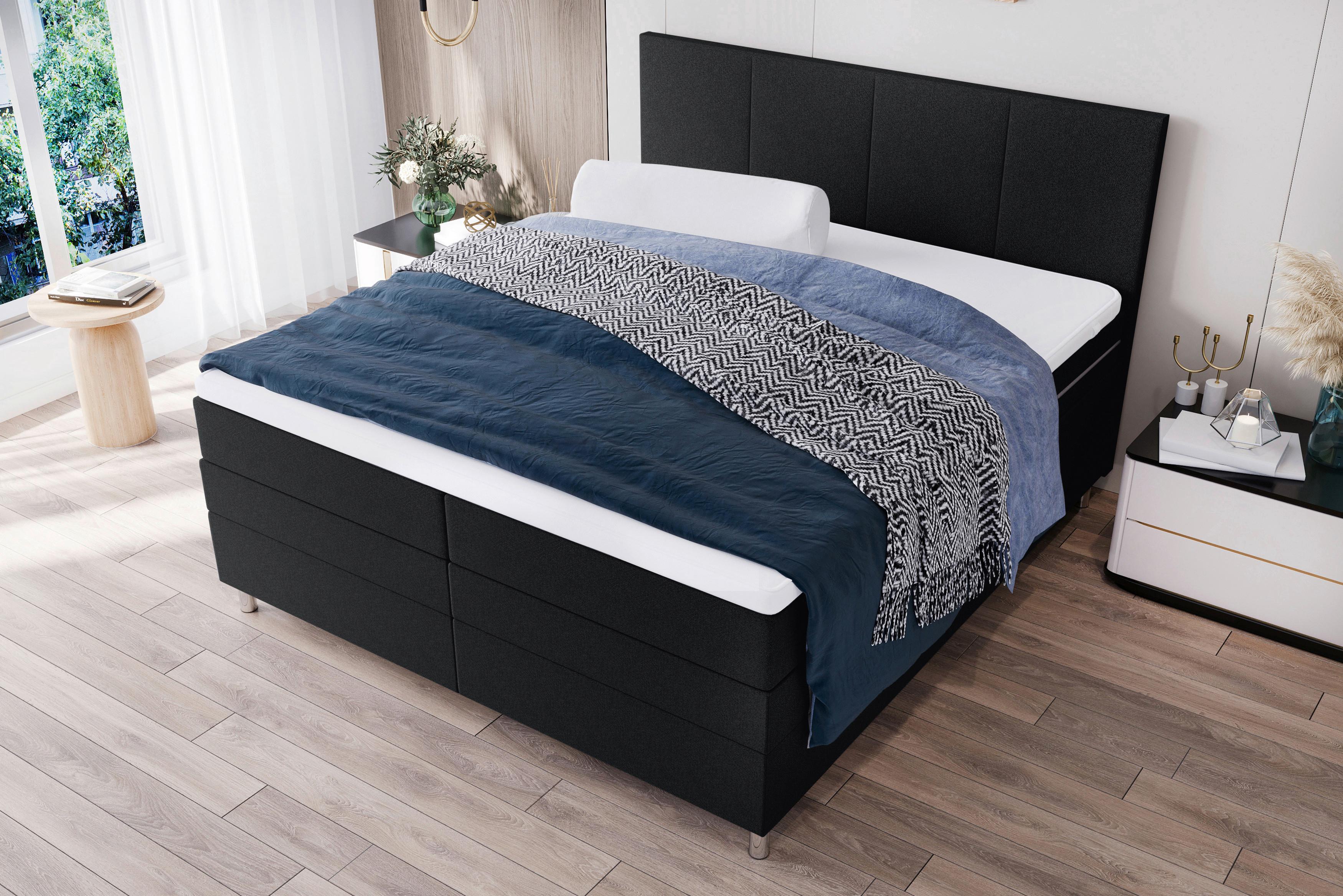 Boxspringbett Messina - Chromfarben/Schwarz, KONVENTIONELL, Textil (180/200cm)