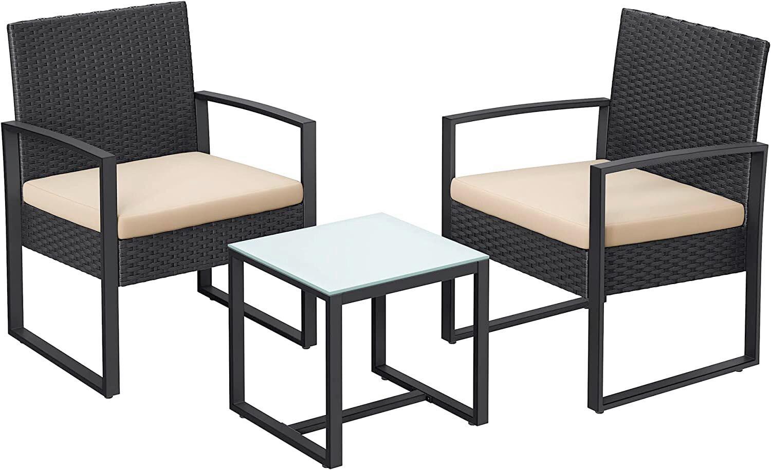 Gartenset 3-tlg. Schwarz Beige inkl. Tisch mit Glasplatte - Beige/Schwarz, MODERN, Glas/Kunststoff - Modante
