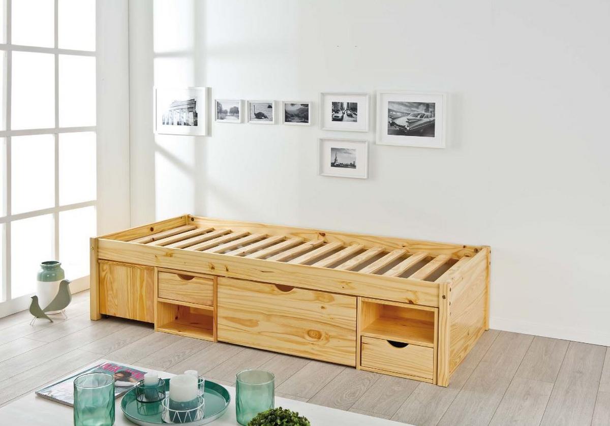 Stauraumbett Echtholz inkl. Nachtkästchen 90x200 Claas - Naturfarben, Basics, Holz (90/200cm) - MID.YOU