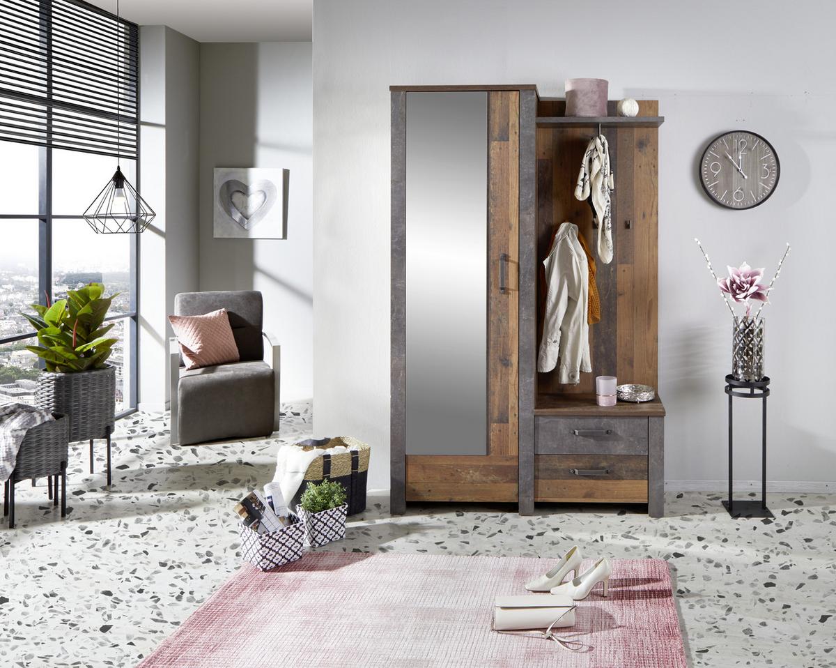 Garderobe Ontario Old Style/ Beton B: 128,6 Cm Mit Spiegel - Eichefarben/Grau, Trend, Glas/Holzwerkstoff (128,5/200/37cm) - Ondega