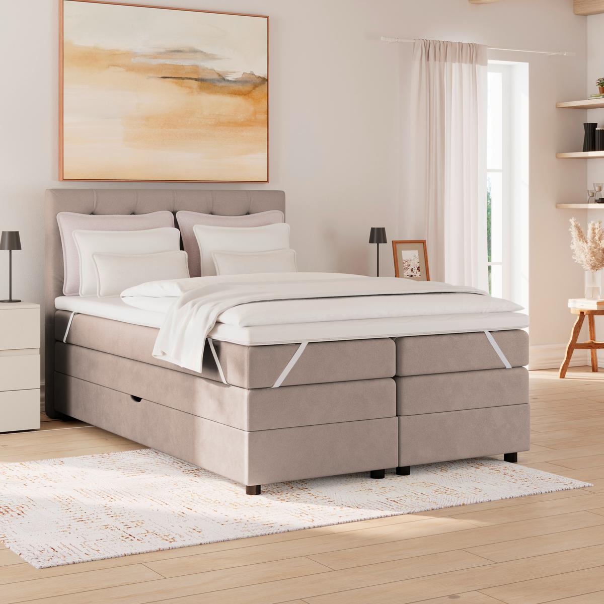 Boxspringbett Elio Beige 140x200 cm H2 - Beige/Schwarz, ROMANTIK / LANDHAUS, Textil (144/121/212cm) - James Wood