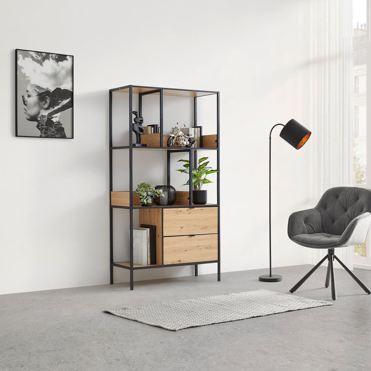 Regál QUEENS - čierna/prírodná farba, Modern, kov/kompozitné drevo (90/170/40cm) - Mömax