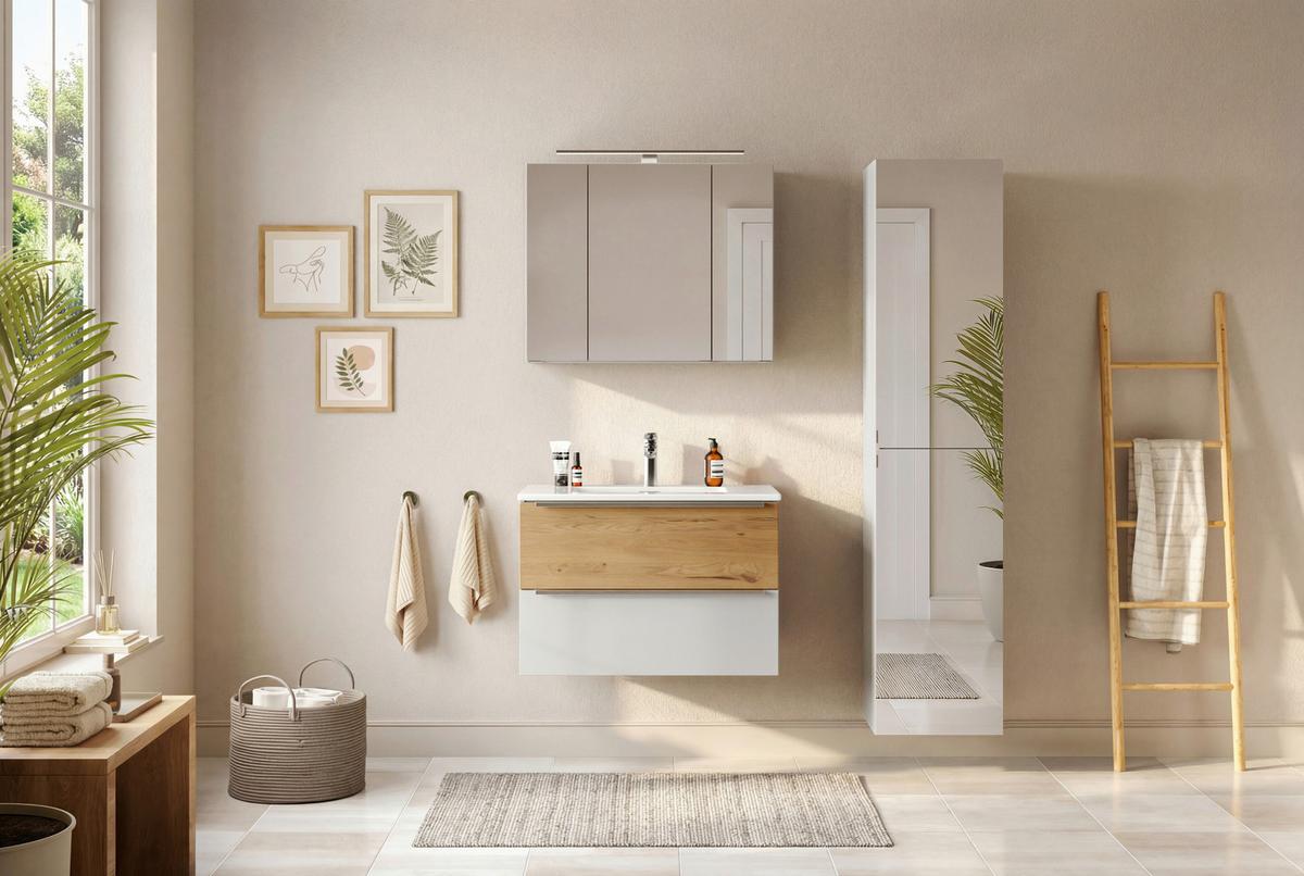 WASCHTISCHKOMBI Verona Weiß/Wildeiche B: 80cm - Wildeiche/Weiß, Trend, Holzwerkstoff/Stein (80/54/47cm) - Held