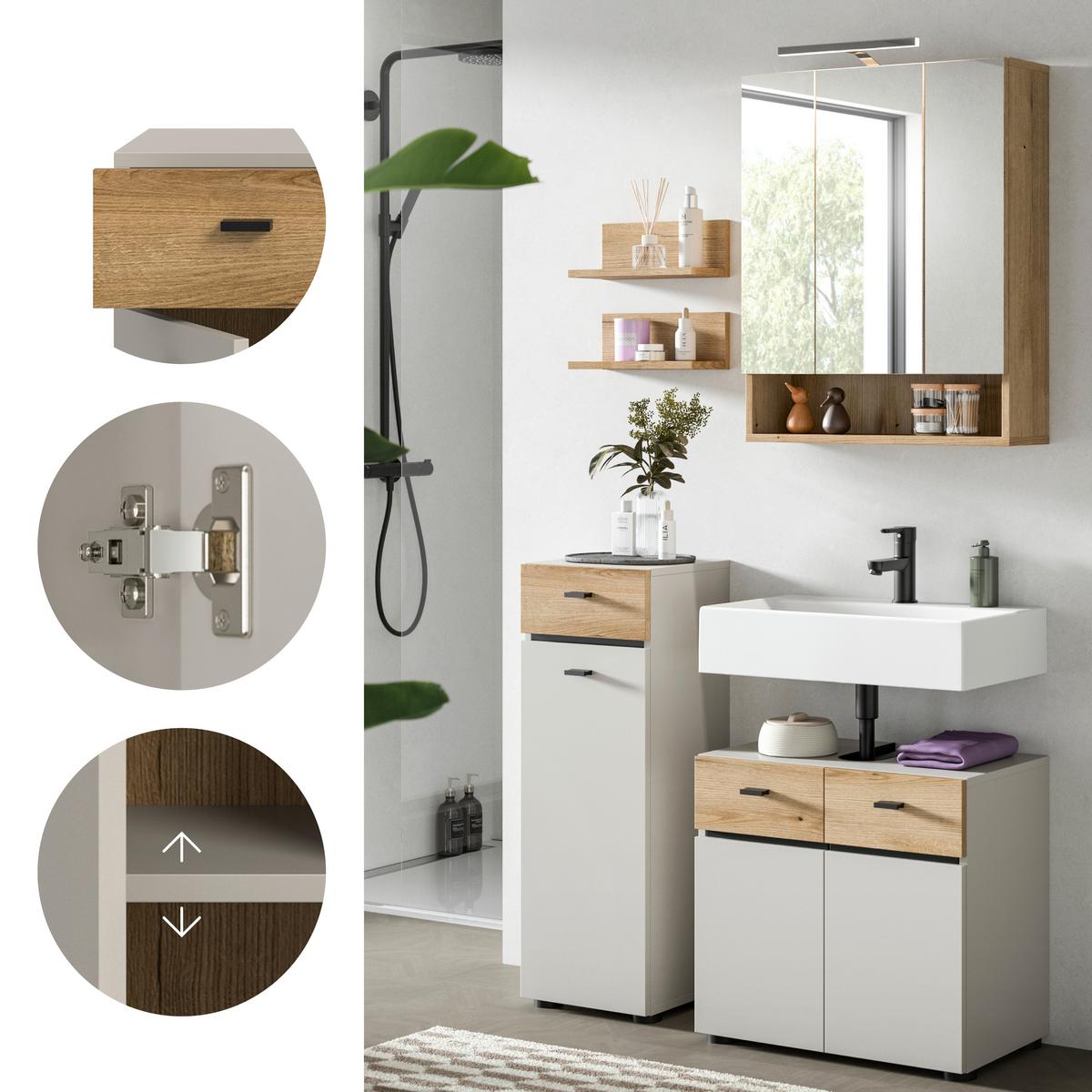 Badezimmer Aqua Kaschmir/Eichefarben B: 92cm - Kaschmir/Eichefarben, Trend, Glas/Holzwerkstoff (92cm) - MID.YOU