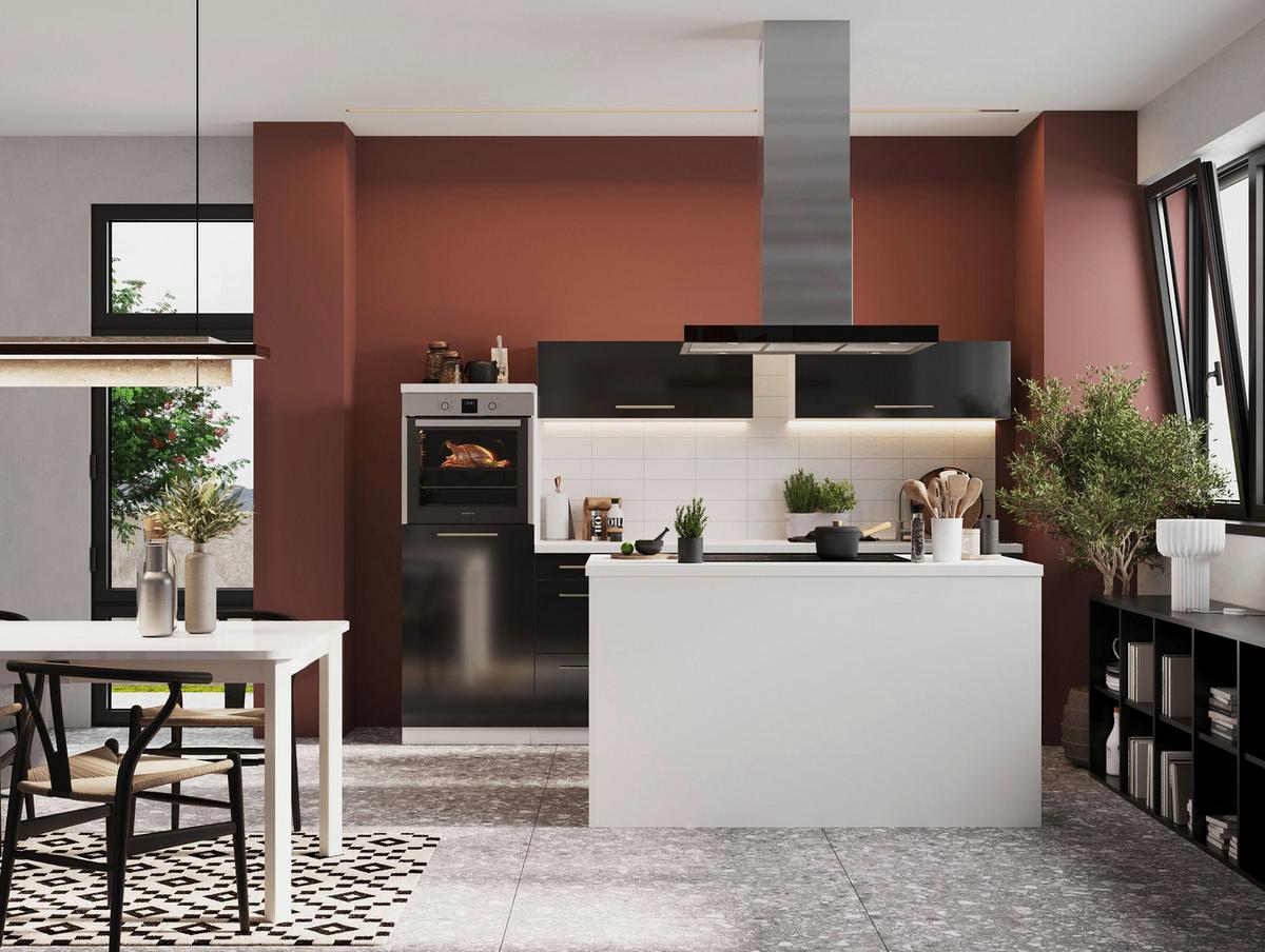 Küchenzeile Premium mit Geräte 280 cm Schwarz/Weiß +kochinsel - Schwarz/Weiß, MODERN, Holzwerkstoff (280/160cm) - Respekta