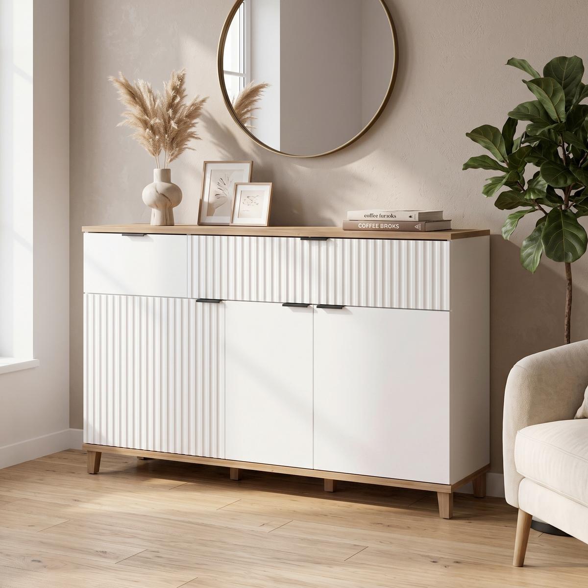 Sideboard Plissee Alpin Weiß Grandson Eiche B: 145 cm - Eichefarben/Weiß, MODERN, Holzwerkstoff (145/86/40cm)