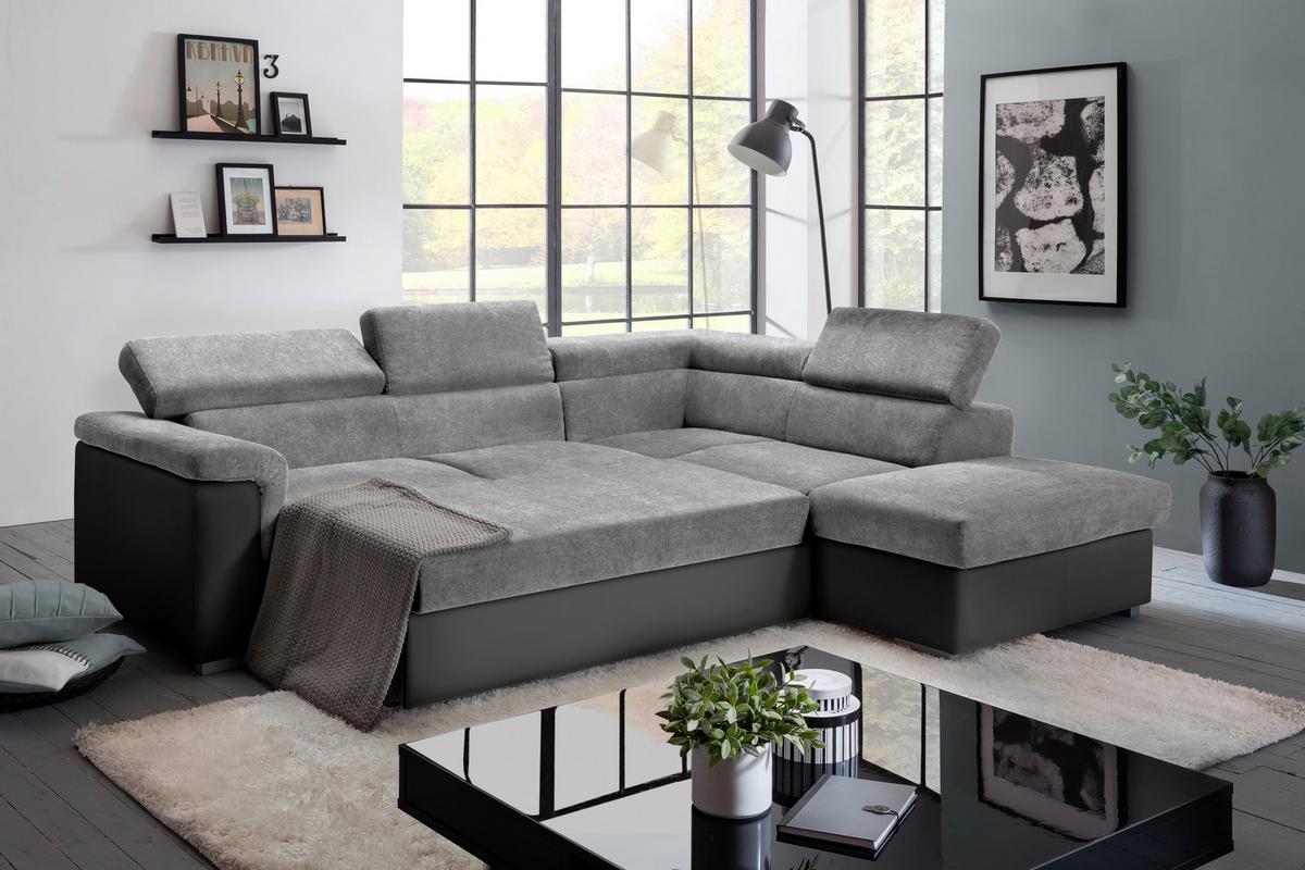 Sedací souprava MILLA šedá/černá pravý roh - šedá/černá, Basics, dřevo/textil (252/217cm)