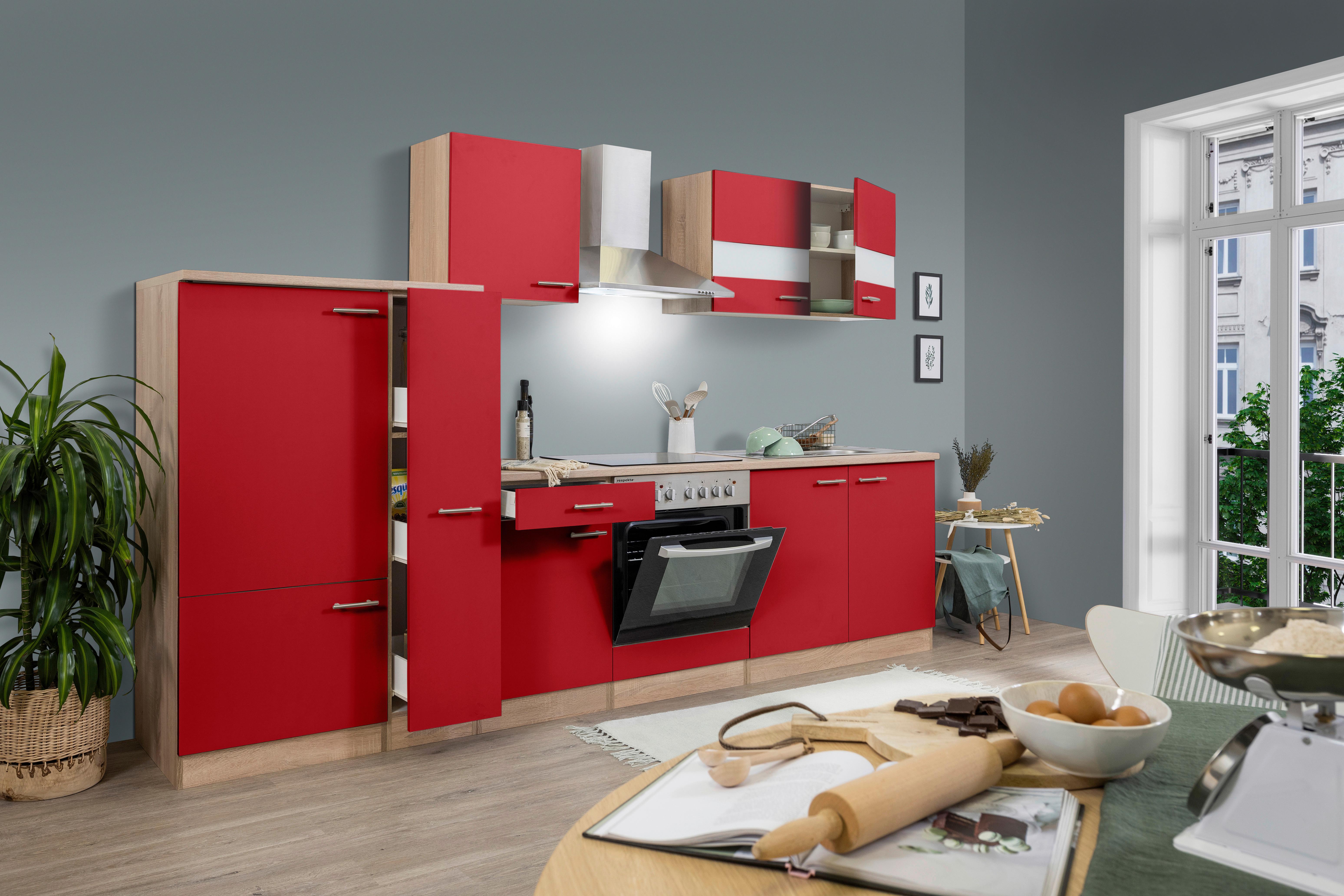 Küchenzeile ohne Geräte B: 300 cm Rot/Eiche Dekor - Eichefarben/Rot, Basics, Holzwerkstoff (300cm) - Respekta