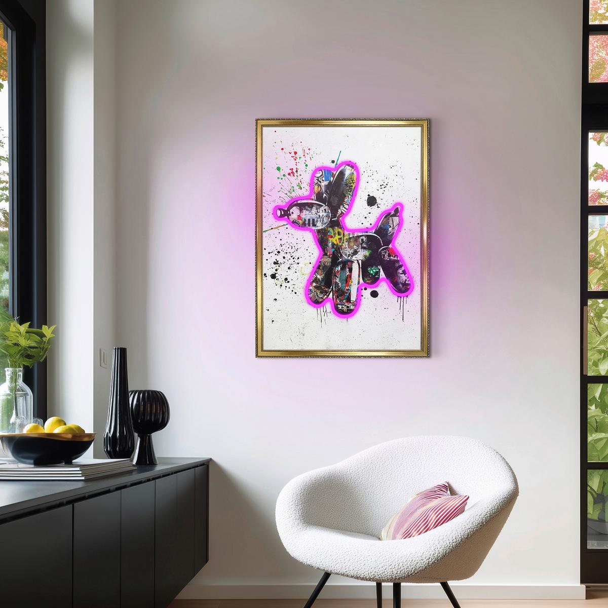 LED-Bild Dog Graffiti - Magenta/Schwarz, Basics, Holzwerkstoff/Kunststoff (50cm)