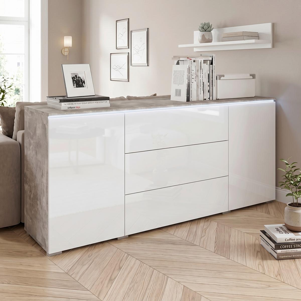 Široká komoda VERA vzhľad beton/biela - sivá/biela s vysokým leskom, Lifestyle, kompozitné drevo/plast (150/67,9/39,5cm) - P & B