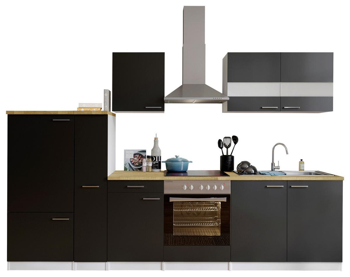 Küchenzeile ohne Geräte B: 300 cm Schwarz/Weiß/Nussbaum Dekor - Nussbaumfarben/Schwarz, Basics, Holzwerkstoff (300cm) - Respekta