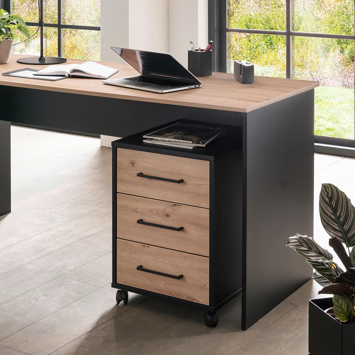 Rollcontainer Aino - Schwarz/Eiche Artisan, MODERN, Holzwerkstoff/Kunststoff (40,1/57/50cm) - MID.YOU