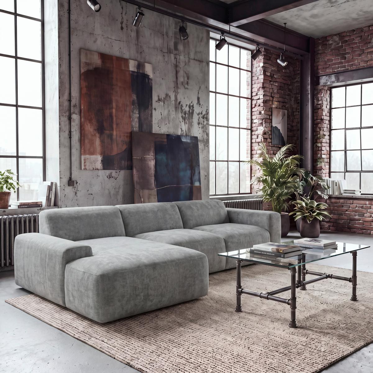 ECKSOFA Hannah Hellgrau 170x343 cm - Hellgrau/Schwarz, Design, Textil (170/343cm) - MID.YOU