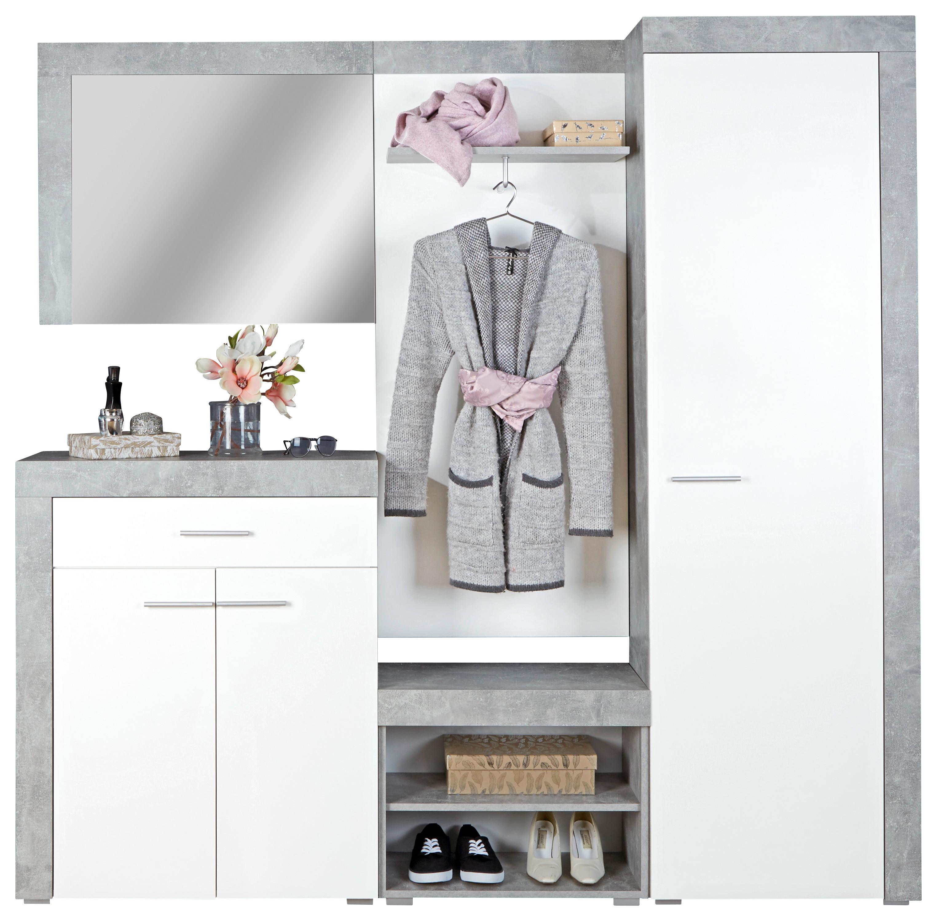 Garderobe Porto Betonoptik/ Weiß B: 200 cm Mit Spiegel - Weiß/Grau, MODERN, Holzwerkstoff (200/200/35,3cm)