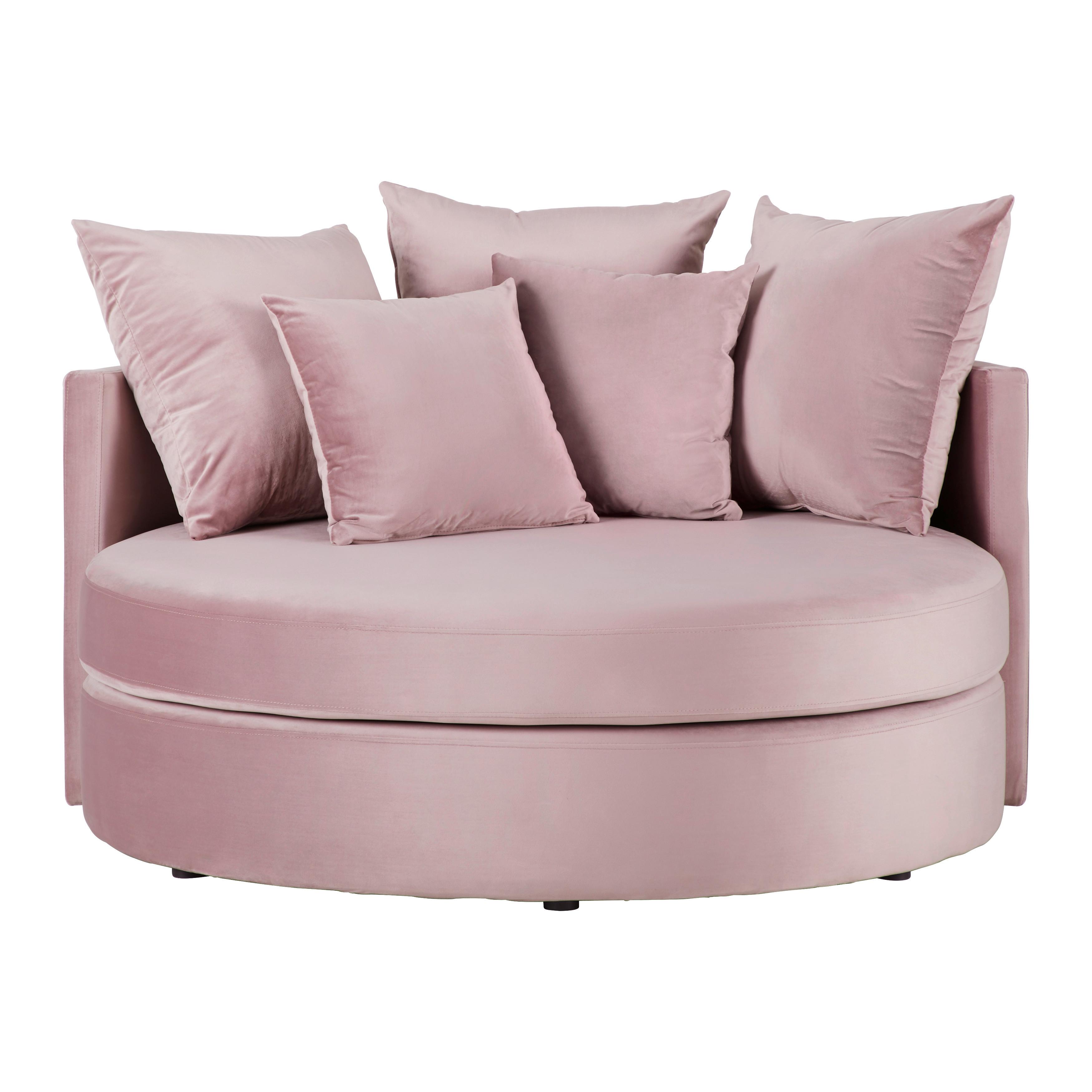 Kulatá pohovka s polštáři ELENA, růžová - růžová/černá, Moderní, dřevo/textil (130/65/140cm) - Bessagi Home