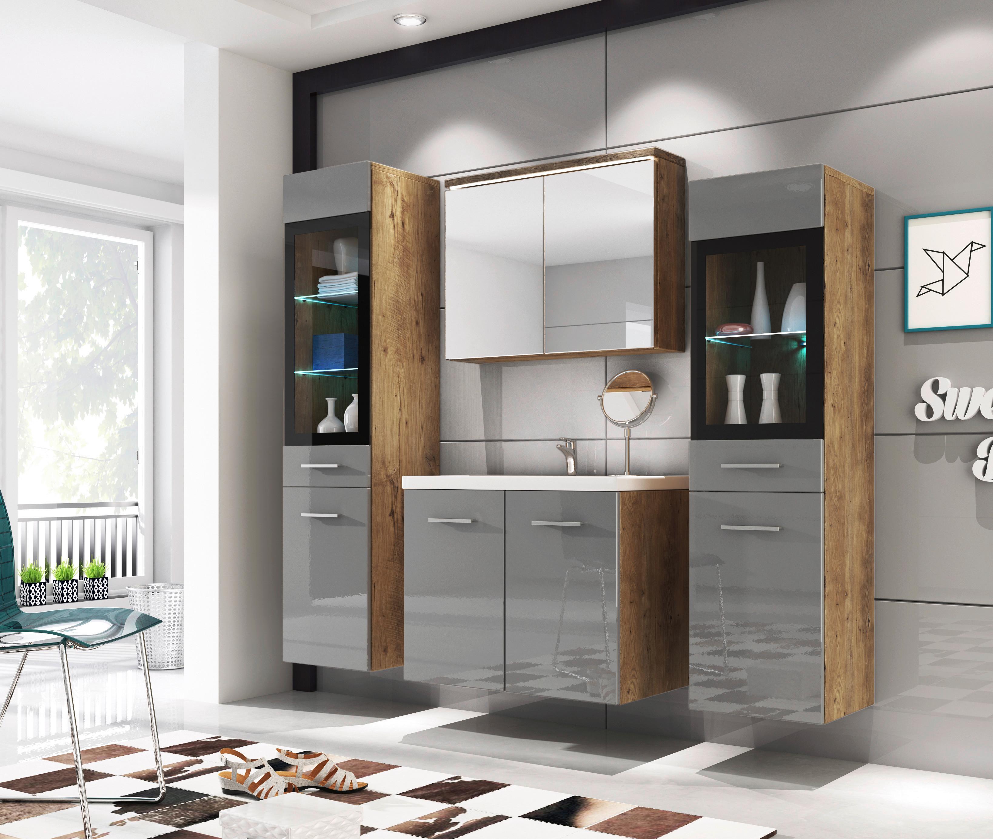 Badmöbel-Set 5-Tlg. Inkl Led Madrit B: 140 Grau/Eiche Dekor - Kastanienfarben/Weiß, Basics, Glas/Holzwerkstoff (120cm) - P & B