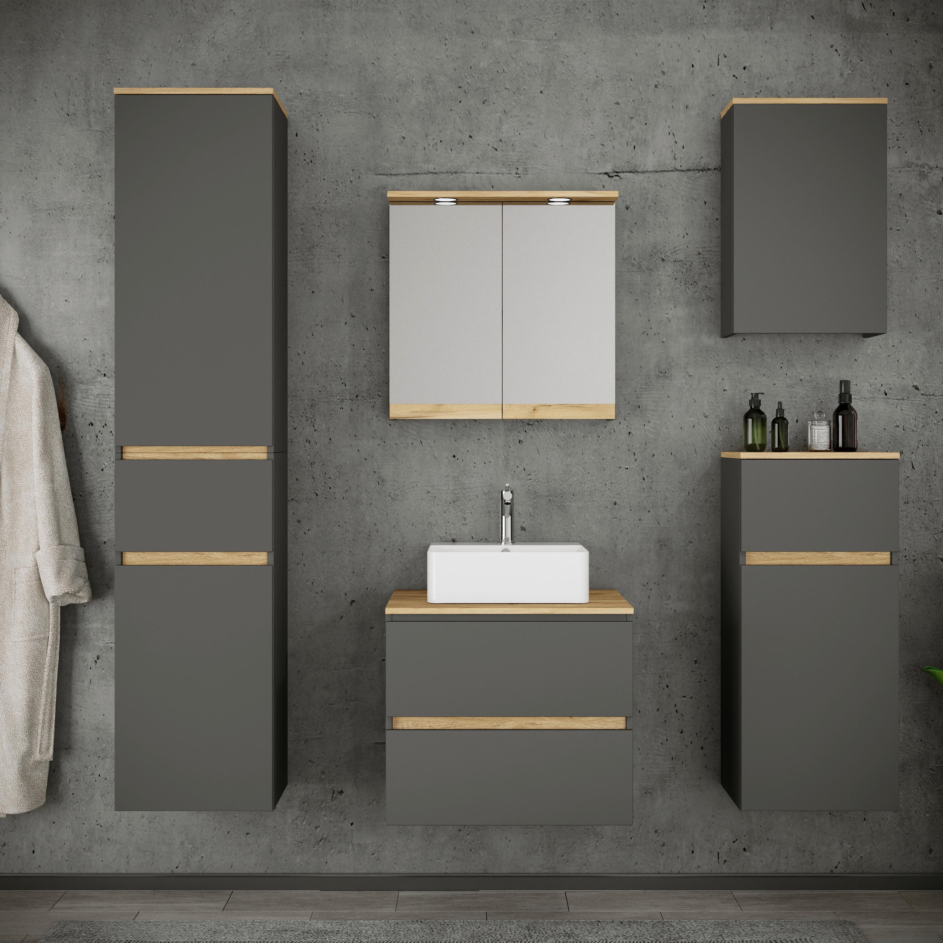 Fürdőszobabútor Cosila - méztölgy színű/antracit, Trend, faalapú anyag/kerámia (140cm) - MID.YOU