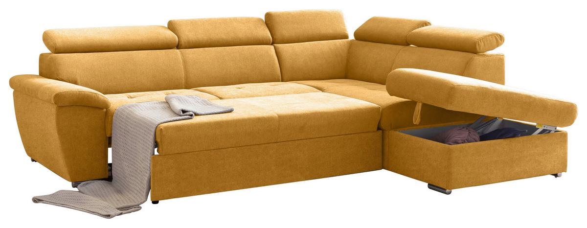Ecksofa mit Schlaffunktion und Bettkasten Antero Currygelb - Chromfarben/Currygelb, Design, Textil (262/216cm) - Livetastic