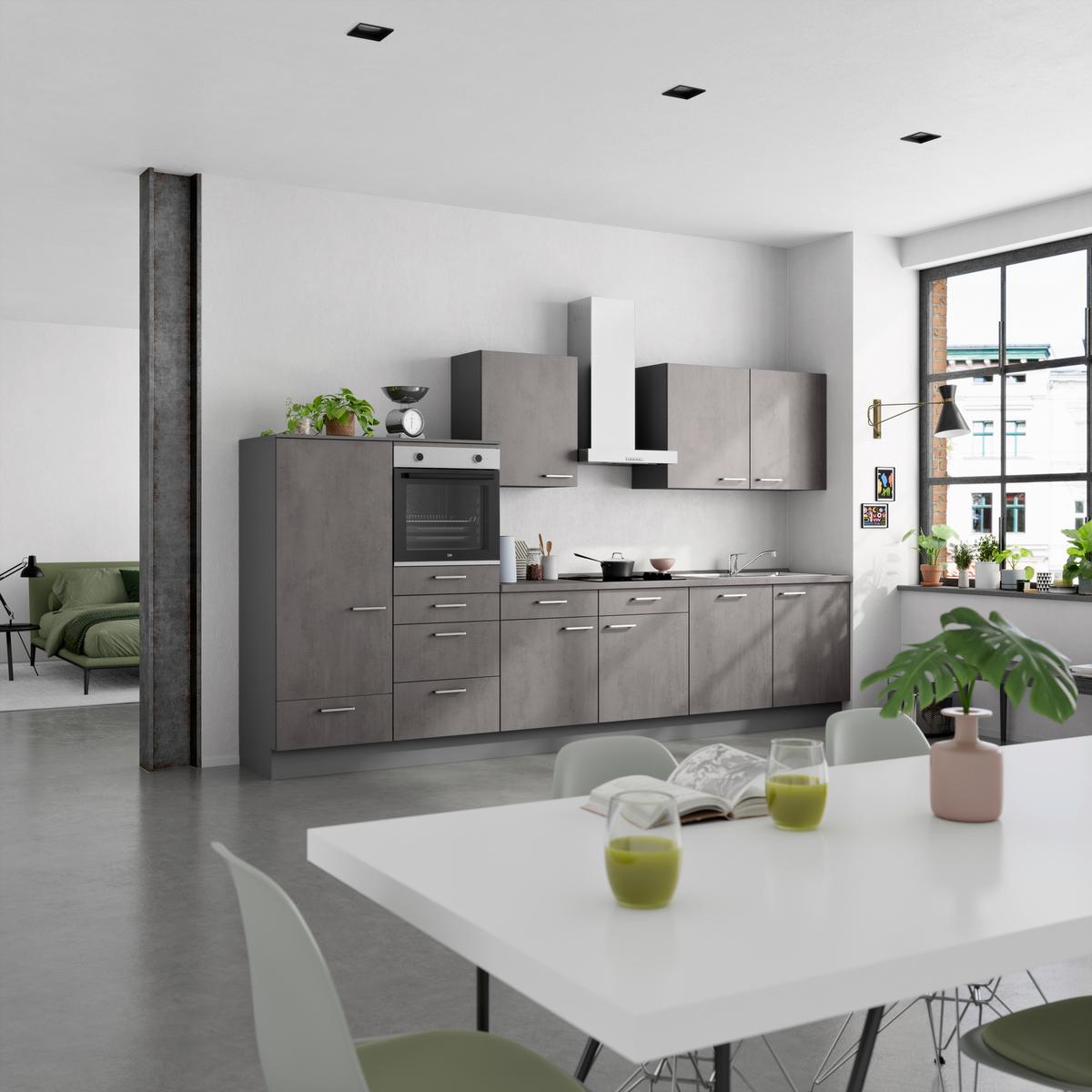 Kuchynská linka 360 cm, bridlicový šedý beton - farba ušľachtilej ocele/bridlicová, Modern, kov/kompozitné drevo (360cm) - Nobilia