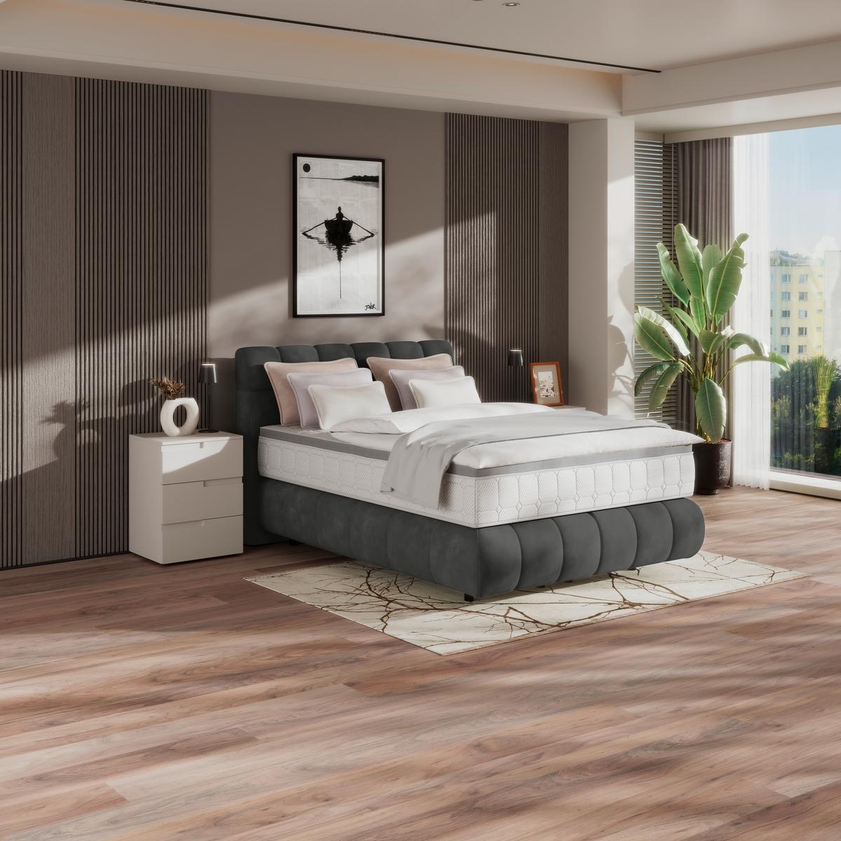 Boxspringbett Nobu Anthrazit, Lf: 140x200 cm - Anthrazit/Schwarz, Trend, Holz/Textil (140/200cm)