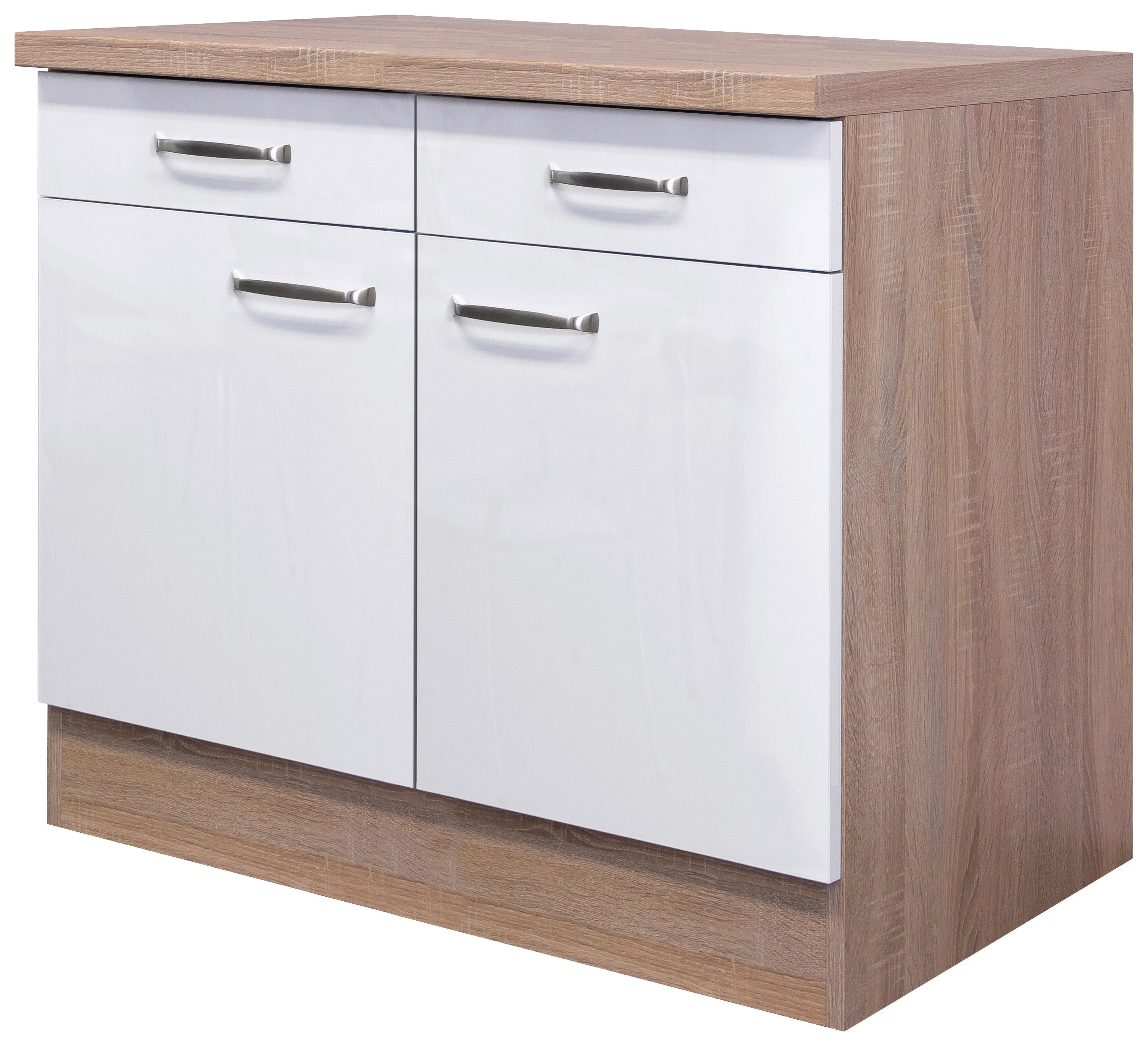 Kuchynská skrinka Venezia Valero dvojdverová 100 cm - biela s vysokým leskom/farba ušľachtilej ocele, Modern, kov/kompozitné drevo (100/86/60cm) - FlexWell