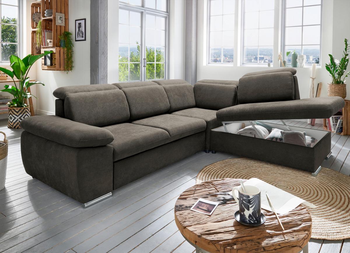 Ecksofa Vasto Dunkelbraun S: 283x228cm - Chromfarben/Dunkelbraun, Design, Textil (283/228cm) - Livetastic