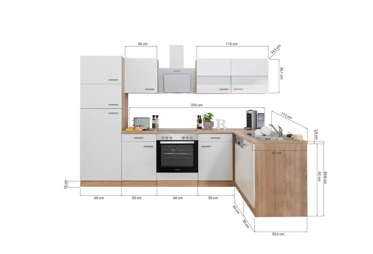 Eckküche Economy mit Geräten 172x280 cm Weiß/Eiche Dekor - Eichefarben/Weiß, Basics, Glas/Holzwerkstoff (280/172cm) - Respekta