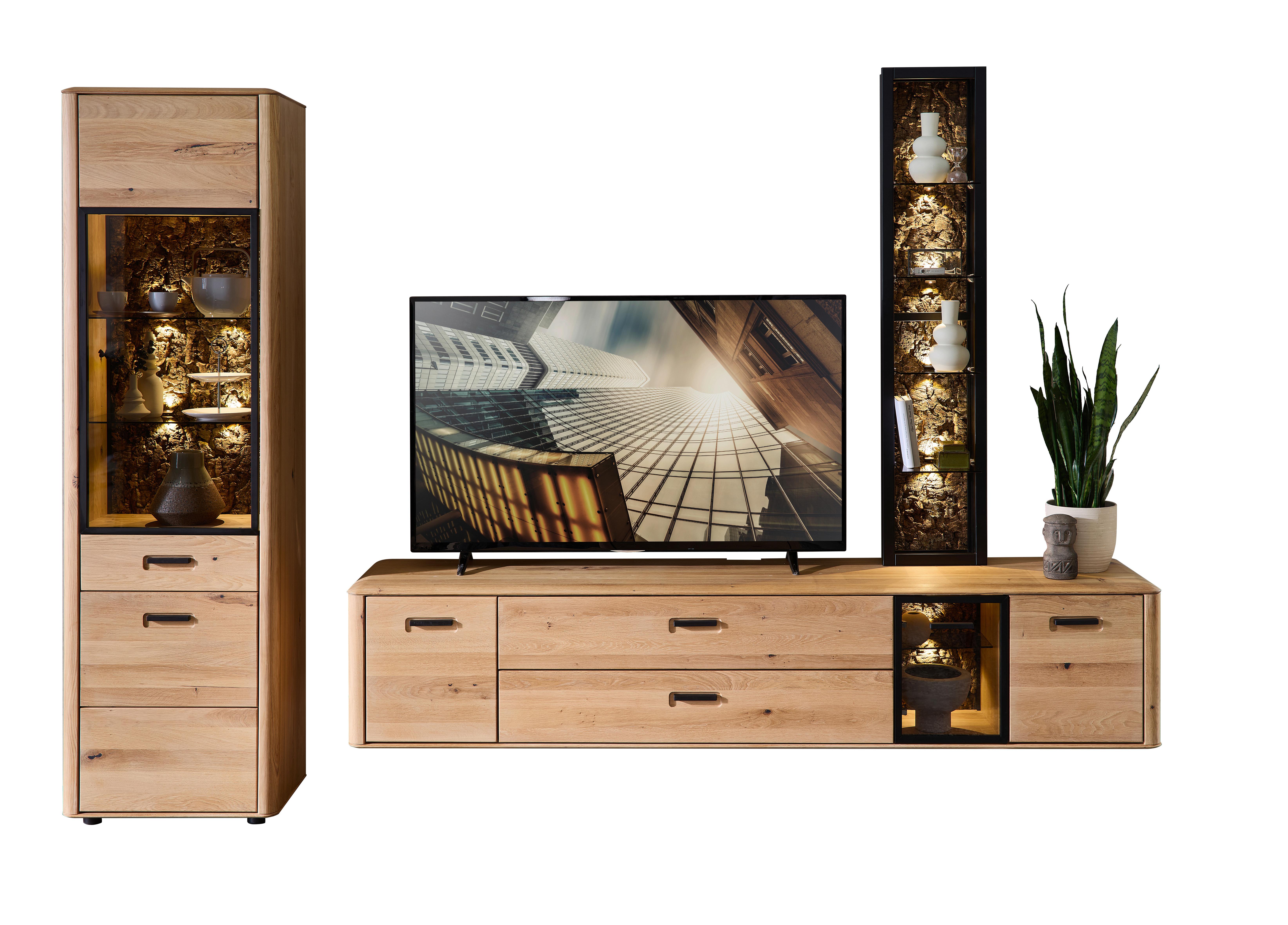 Wohnwand Montana Schwarz/Wildeiche, B: 295 cm - Wildeiche/Schwarz, Basics, Glas/Holz (295/205/45cm) - Livetastic