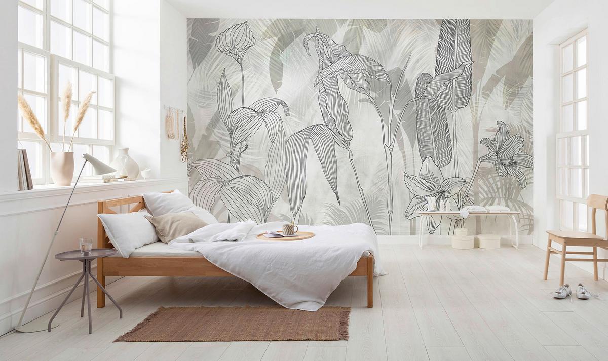 Vliestapete Linierte Lilien - Beige/Weiß, Basics (400/250cm) - Komar