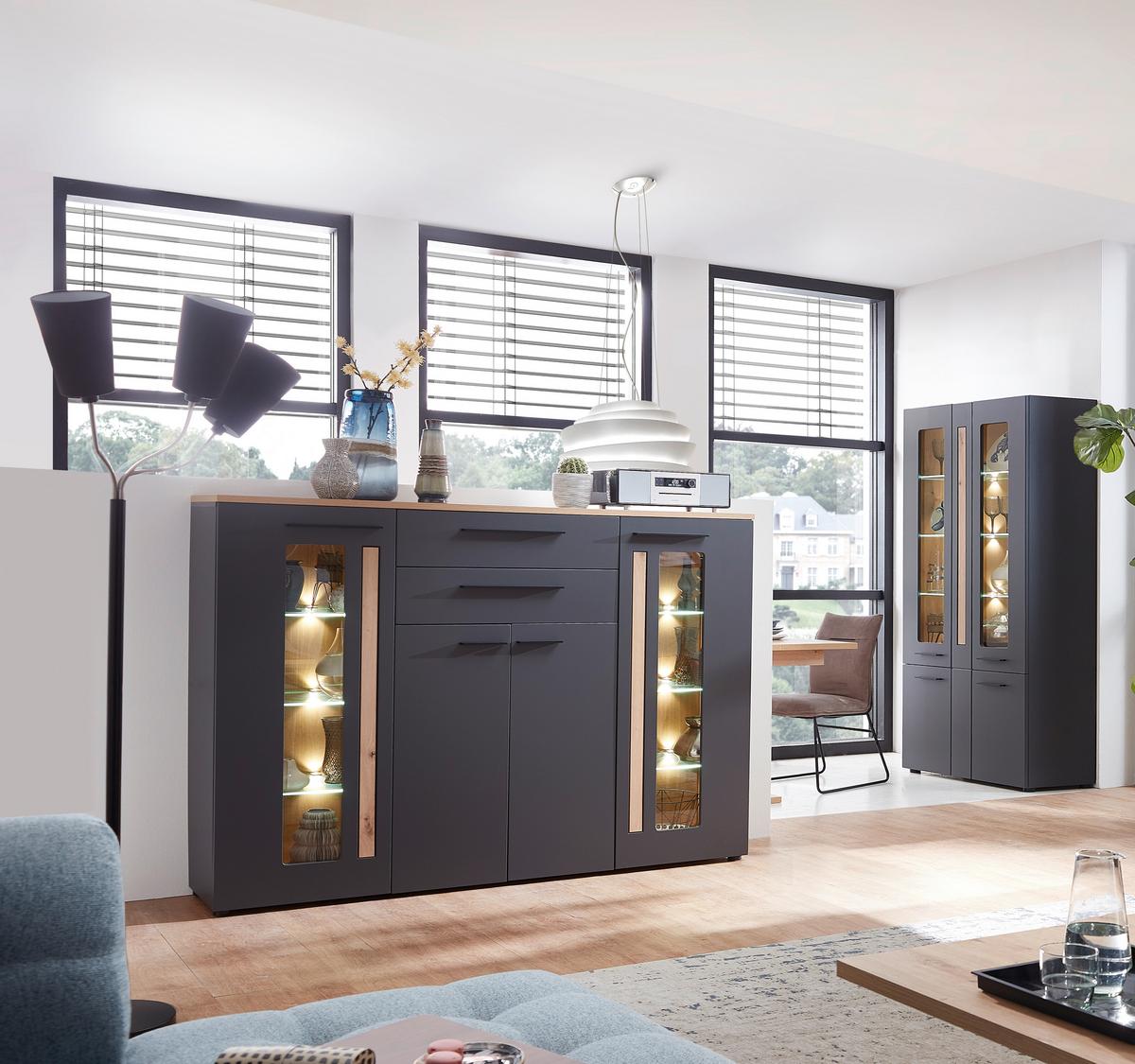 Vysoká vitrína LOFT-TWO - barvy dubu/černá, Moderní, kompozitní dřevo/plast (180/133/37cm) - Livetastic