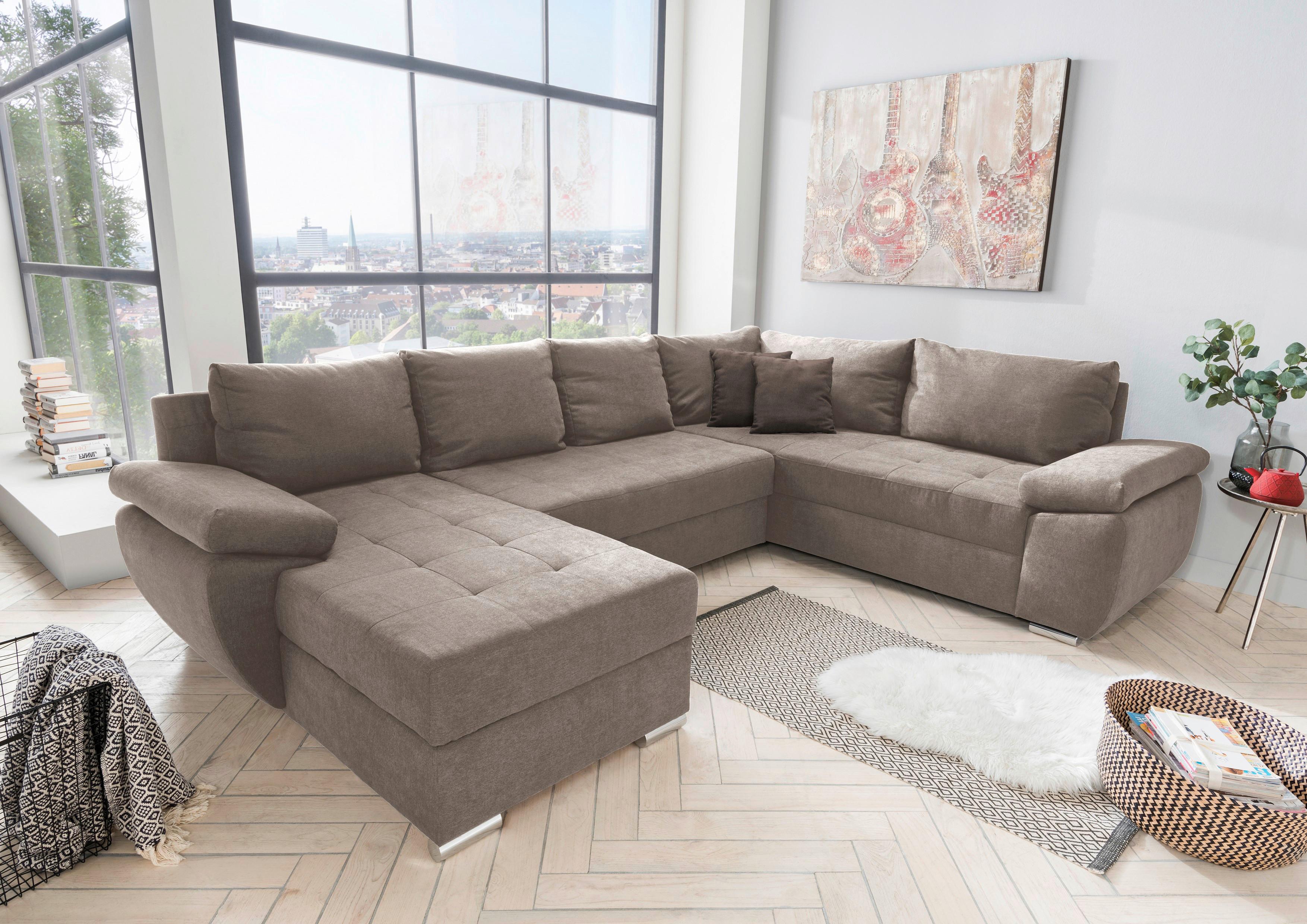 Wohnlandschaft Terana Mit Schlaffunktion, Taupe - Taupe/Chromfarben, KONVENTIONELL, Textil (157/305/219cm) - Livetastic