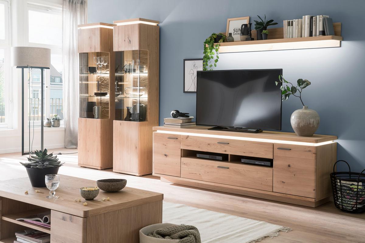 Wohnkombination teilmassiv 4--Teilig. Barcelona Eichefarben - Eichefarben, Design, Glas/Holz (340/204/50cm) - Livetastic