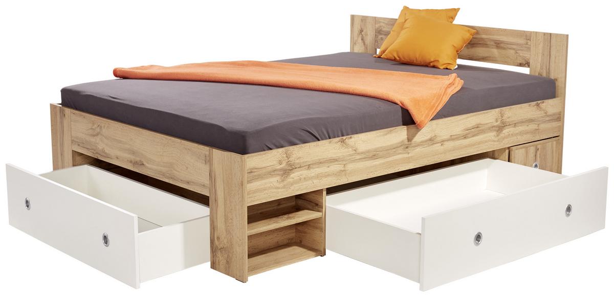 Postel s úložným prostorem Azurro,140x200, bílá/dub - bílá/dub wotan, Moderní, kompozitní dřevo (140/200cm)