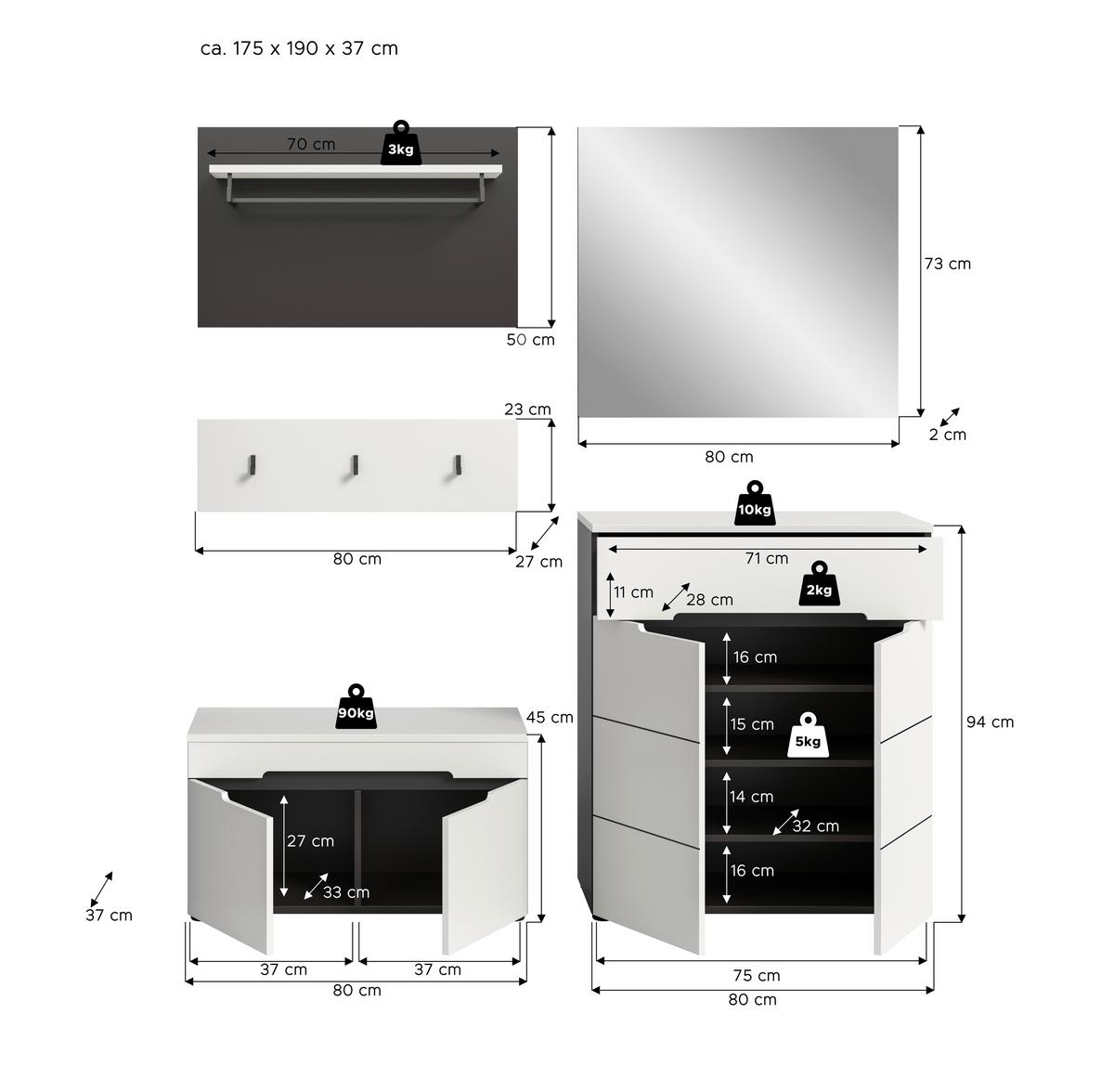 Garderobe Canu 4-Teilig Grau/Weiß B: 175 cm - Weiß/Grau, Design, Holzwerkstoff (175/190/37cm) - Livetastic