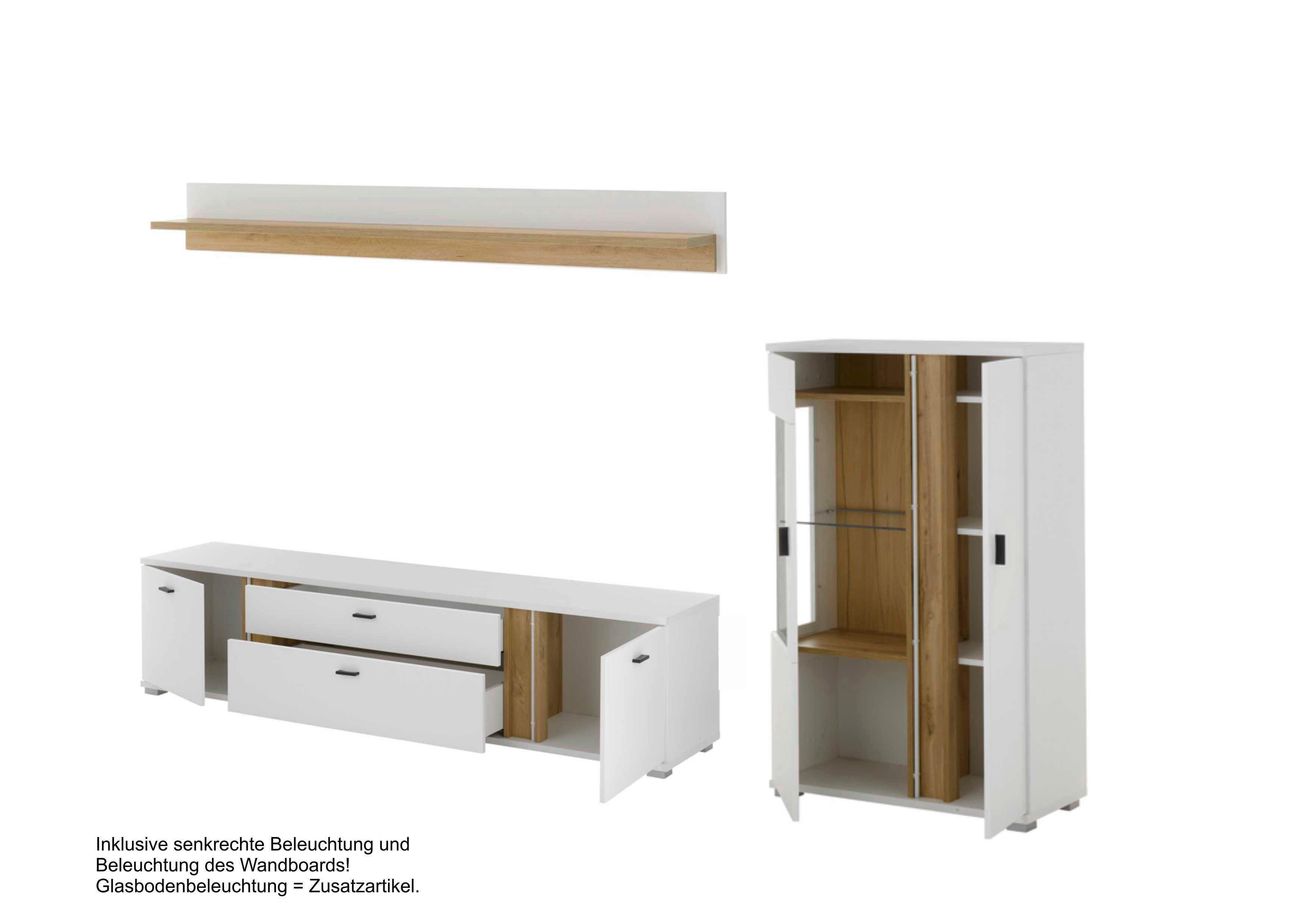 Wohnwand Long Island Weiß/Eiche Wotan B: 290cm - Silberfarben/Eiche Wotan, Design, Glas/Holzwerkstoff (290/170/42cm) - MID.YOU