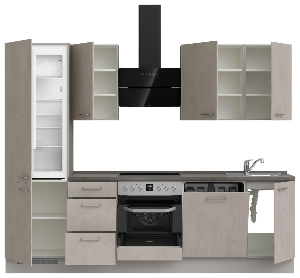 Kuchynská linka 270 cm, šedý betón/ kamenná šedá - sivá/farba ušľachtilej ocele, Modern, kov/kompozitné drevo (270cm) - Nobilia