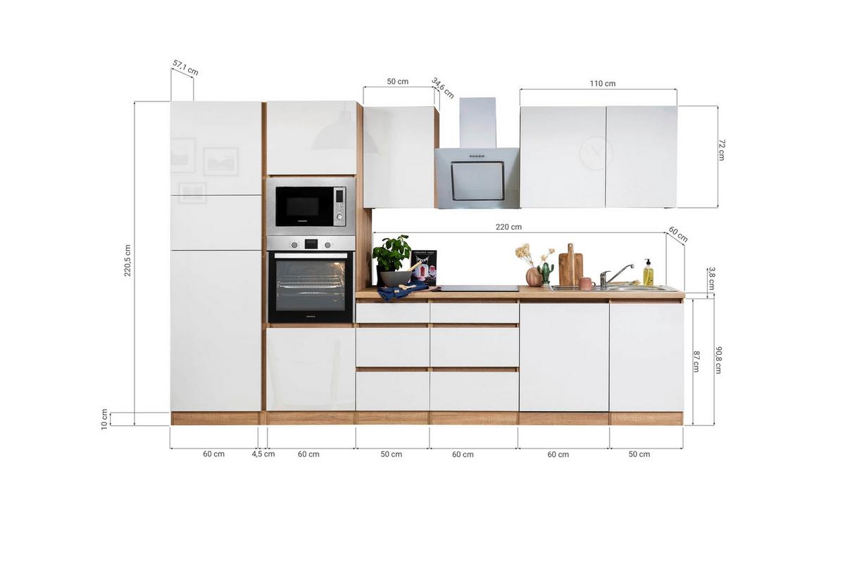 Küchenblock Lorena Küchenblock 345 cm - Grau Hochglanz/Eichefarben, Basics, Holzwerkstoff (345cm) - Respekta