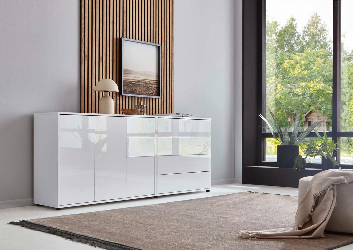 Sideboard Mailand 9 B: 184,5 Cm Weiß - Weiß Hochglanz/Schwarz, MODERN, Holzwerkstoff (184,5/73/33cm) - MID.YOU
